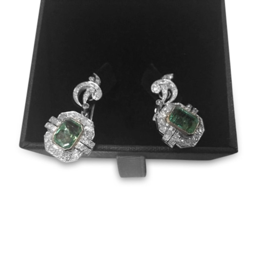 Vintage 14KT white gold Emerald and Diamond Earring and Ring Set